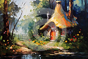 Fairytale forest gnome\'s house. Oil painting in impressionism style