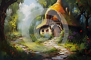 Fairytale forest gnome\'s house. Oil painting in impressionism style