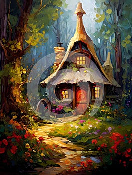 Fairytale forest gnome\'s house. Oil painting in impressionism style