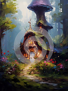 Fairytale forest gnome\'s house. Oil painting in impressionism style