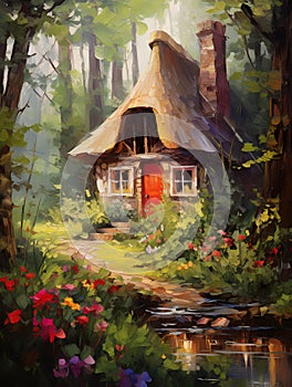 Fairytale forest gnome\'s house. Oil painting in impressionism style