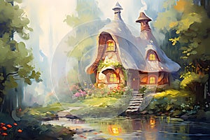 Fairytale forest gnome\'s house. Oil painting in impressionism style