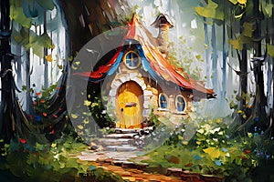 Fairytale forest gnome\'s house. Oil painting in impressionism style