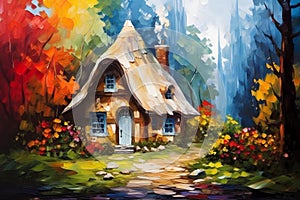 Fairytale forest gnome\'s house. Oil painting in impressionism style