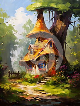 Fairytale forest gnome\'s house. Oil painting in impressionism style