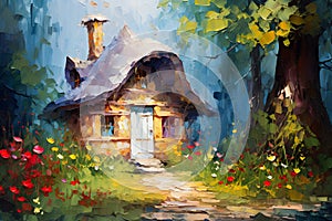 Fairytale forest gnome\'s house. Oil painting in impressionism style