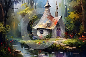 Fairytale forest gnome\'s house. Oil painting in impressionism style