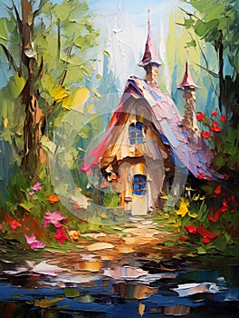 Fairytale forest gnome\'s house. Oil painting in impressionism style