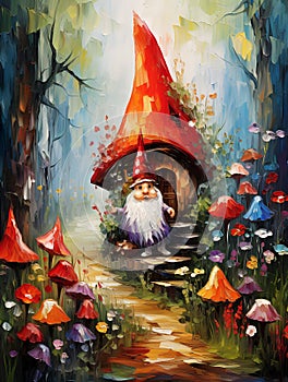 Fairytale forest gnome\'s house. Oil painting in impressionism style