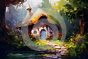 Fairytale forest gnome\'s house. Oil painting in impressionism style