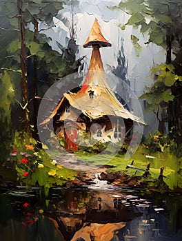 Fairytale forest gnome\'s house. Oil painting in impressionism style