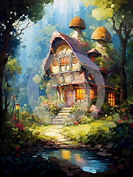 Fairytale forest gnome\'s house. Oil painting in impressionism style