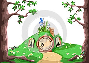 Fairytale forest house under a hill with a round door