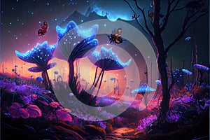 Fairytale forest at night, fantasy flowers in magic extraterrestrial world, generative AI