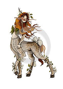Fairytale forest personage with powerful legs  and hooves in full growth, a cartoon dryad