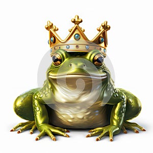 Fairytale frog with golden crown isolated on white created with Generative AI