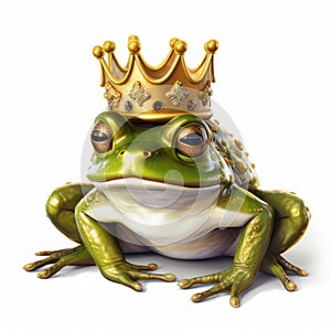 Fairytale frog with golden crown isolated on white created with Generative AI