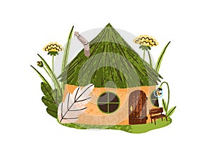 Fairytale garden house. Fantasy forest home. Cute tiny fancy gnome dwelling in nature among flowers, leaf plants. Fairy