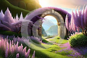Fairytale Garden With Stone Arch And Lilacs. Fantasy Landscape, Lilac Bushes, Stone Arch, Portal, Entrance, Unreal . Generative AI