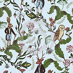 Fairytale graphic seamless pattern with forest animals and flowers.