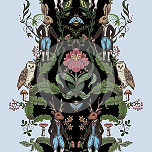 Fairytale graphic seamless pattern with forest animals and flowers.