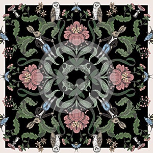 Fairytale graphic seamless pattern with forest animals and flowers.