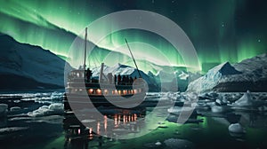 Fairytale green loops in the sky, Aurora Borealis over a pleasure boat between icebergs in the Arctic Ocean, Northern