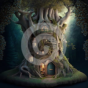 A fairytale habitation inside a tree trunk is a fantasy house in a magic forest. Generated By AI