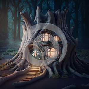 A fairytale habitation inside a tree trunk is a fantasy house in a magic forest. Generated By AI