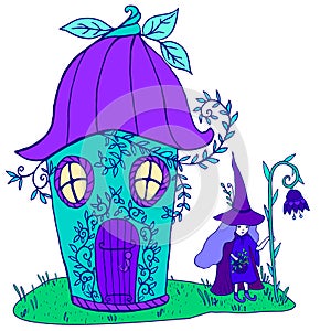Fairytale house bellflower, witch in a hat with purple hair and