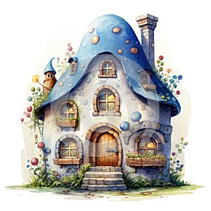 Fairytale house with blue roof. Watercolor cartoon illustration