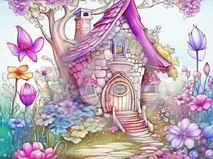 Fairytale house with flowers, cute cartoon watercolor ink style illustration