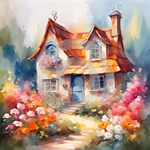 Fairytale house with flowers, cute watercolor ink style illustration