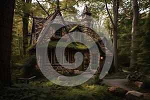 Fairytale house in the forest, 3d digitally rendered illustration