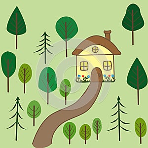 Fairytale house in the forest, color illustration. Simple cartoon flat style