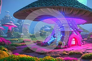 Fairytale house in the forest, neon light. AI generated