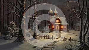 Fairytale house in the forest, winter retro postcard. Generative AI