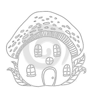 Fairytale house mushroom amanita, children`s coloring page.