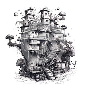 A fairytale house in Wonderland. Hand drawn Doodle with black pen. Generative AI