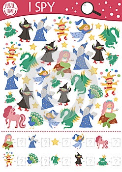 Fairytale I spy game for kids with fantasy creatures. Searching and counting activity with witch, dragon, frog prince. Magic