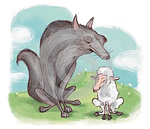 Fairytale illustration with a sheep and a wolf