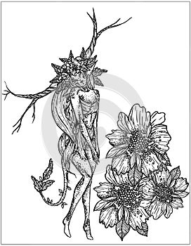 Fairytale isolated character, magic forest fairy, princess with large branched horns and flower wreath on her head, with luxuriant