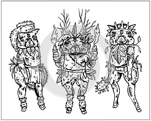 Fairytale isolated characters  magic animals  three pig shamans: one in a fur hat with tambourine