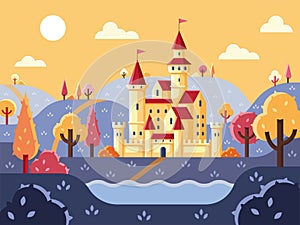 Fairytale landscape with castle. Fantastic magic castle or fairy house kingdom Fantasy palace tower