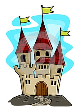 Fairytale landscape with castle. Fantasy palace tower, fantastic fairy house or magic castles kingdom