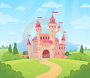 Fairytale landscape with castle. Fantasy palace tower, fantastic fairy house or magic castles kingdom cartoon vector