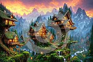 Fairytale landscape with houses in the trees, small wooden elven treehouses illustration. Generative Ai