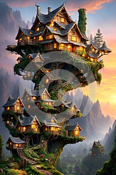 Fairytale landscape with houses in the trees, small wooden elven treehouses illustration. Generative Ai