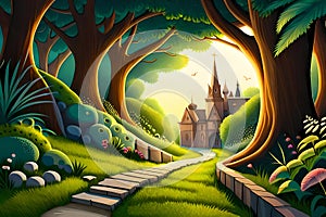 Fairytale landscape with path to castle through magic forest