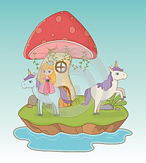 Fairytale landscape scene with fungus and princess in unicorn